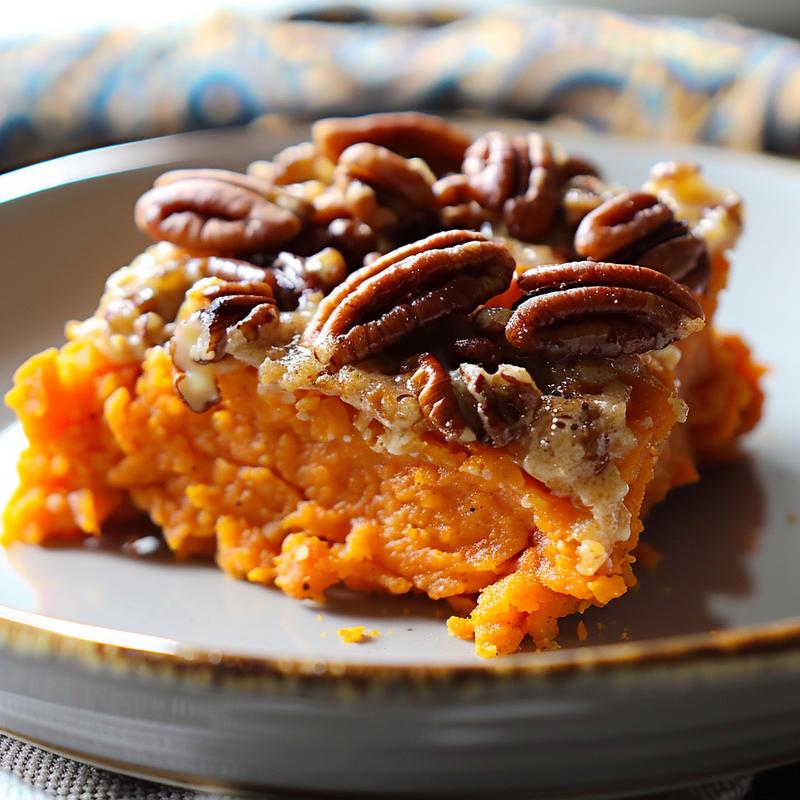 Close-up of a creamy sweet potato casserole with a crunchy pecan topping on a light grey plate.