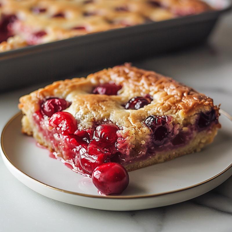 Close-up of a slice of cherry dump cake on a white marble plate, showcasing its texture and color.