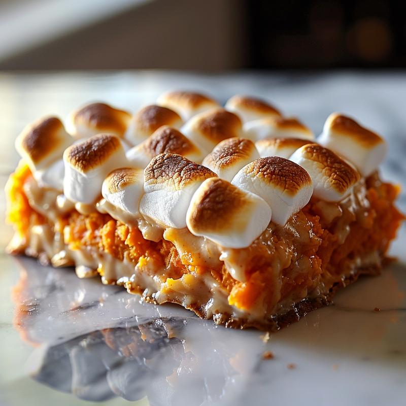 Close-up view of a creamy sweet potato casserole topped with crunchy pecans on a wooden board.