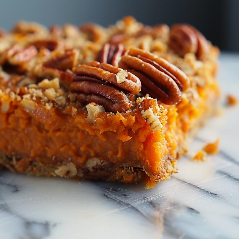 Close-up of a delicious sweet potato casserole with pecan topping on a rustic wooden board.