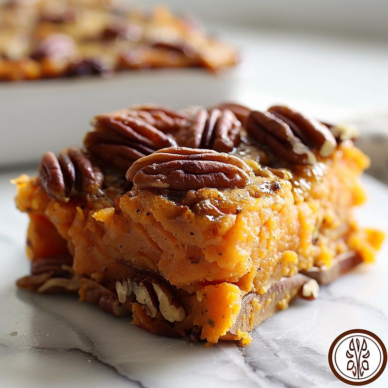 A close-up view of sweet potato casserole topped with crunchy pecans on a white marble surface.