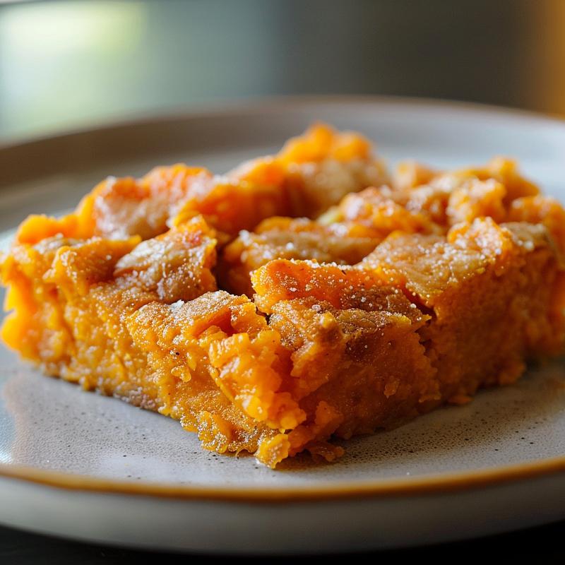 A close-up view of a delicious sweet potato casserole served on a light wood board.