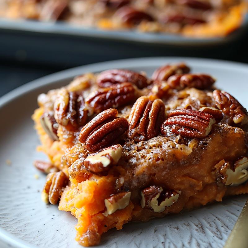 A close-up of a slice of pumpkin dump cake on a plate, showcasing its texture and layers.