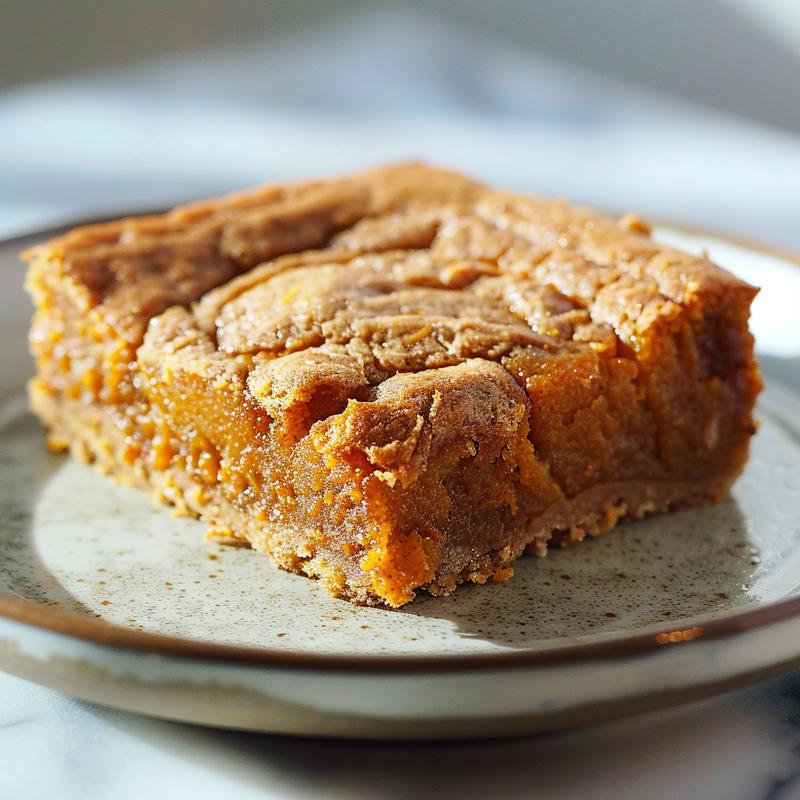 Close-up of a creamy sweet potato casserole topped with a golden brown layer, served on a white marble surface.