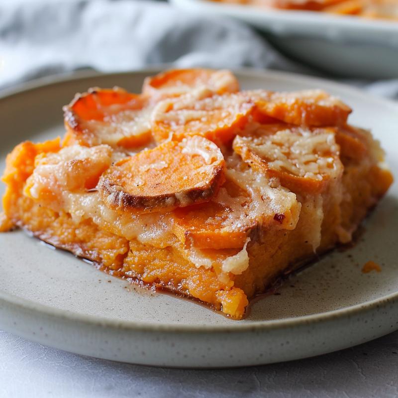Close-up of a perfectly baked slice of peach dump cake on a light grey ceramic plate.