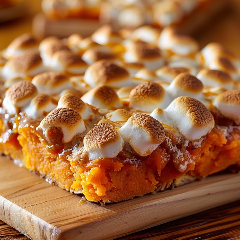 Close-up of a creamy sweet potato casserole on a white marble surface.