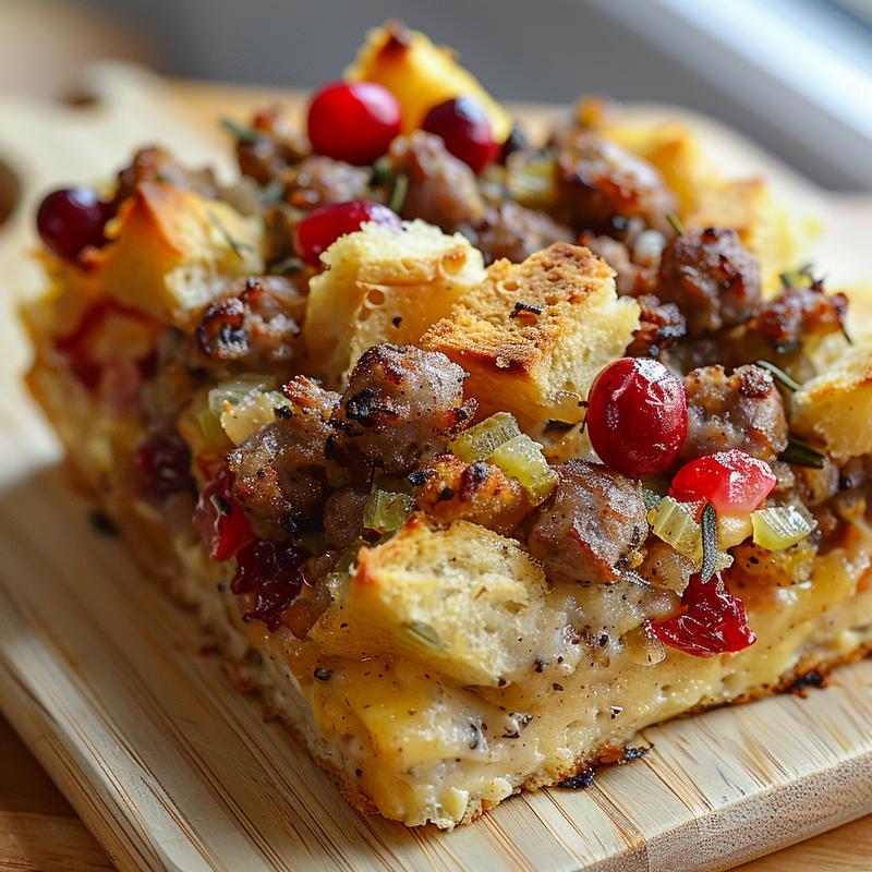 Close-up of a cheesy sausage and egg breakfast casserole on a light grey plate.
