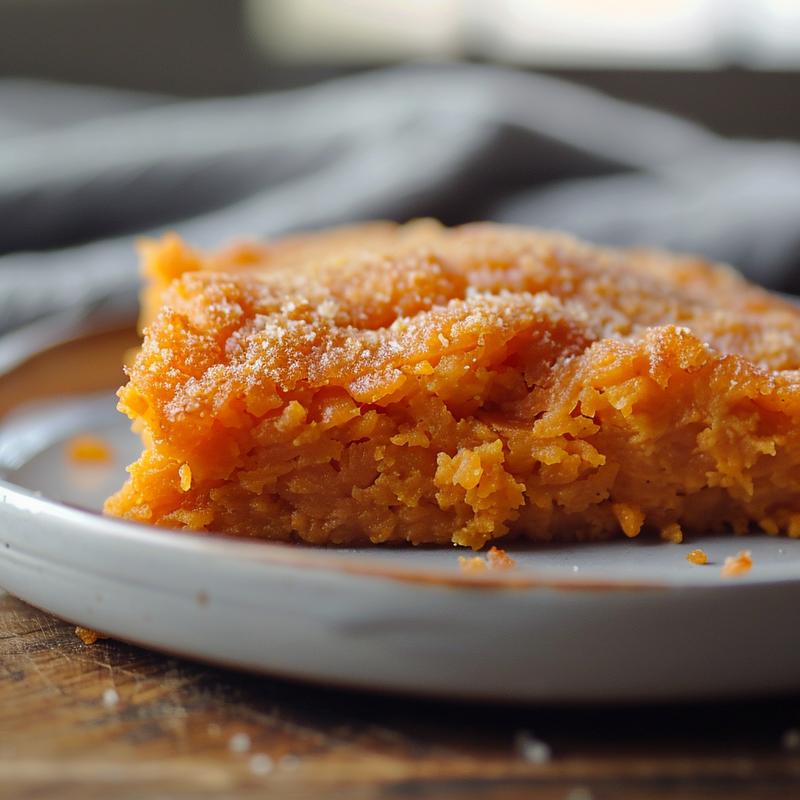 Close-up of a serving of breakfast casserole on a light grey ceramic plate.