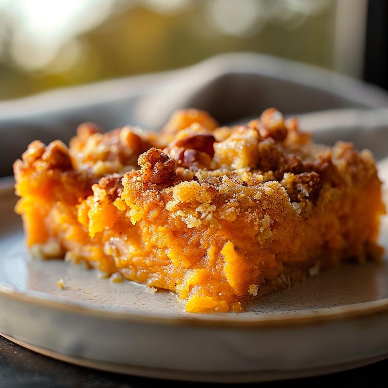 A close-up view of a golden-brown sweet potato casserole with a crispy topping, placed on a white marble surface.