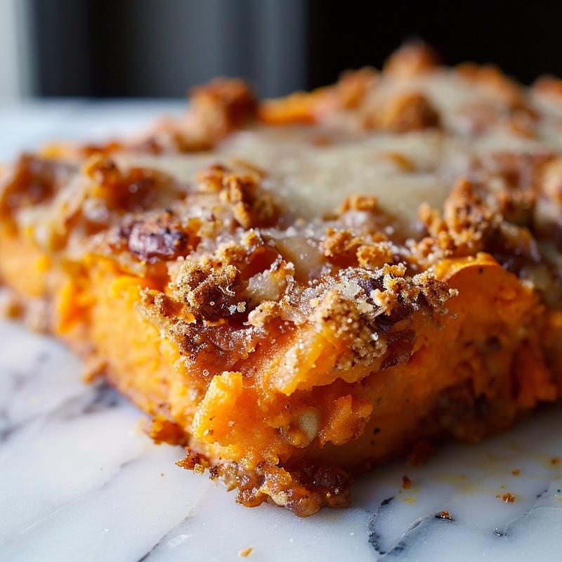 A close-up of sweet potato casserole topped with a crunchy pecan streusel on a light wood board.