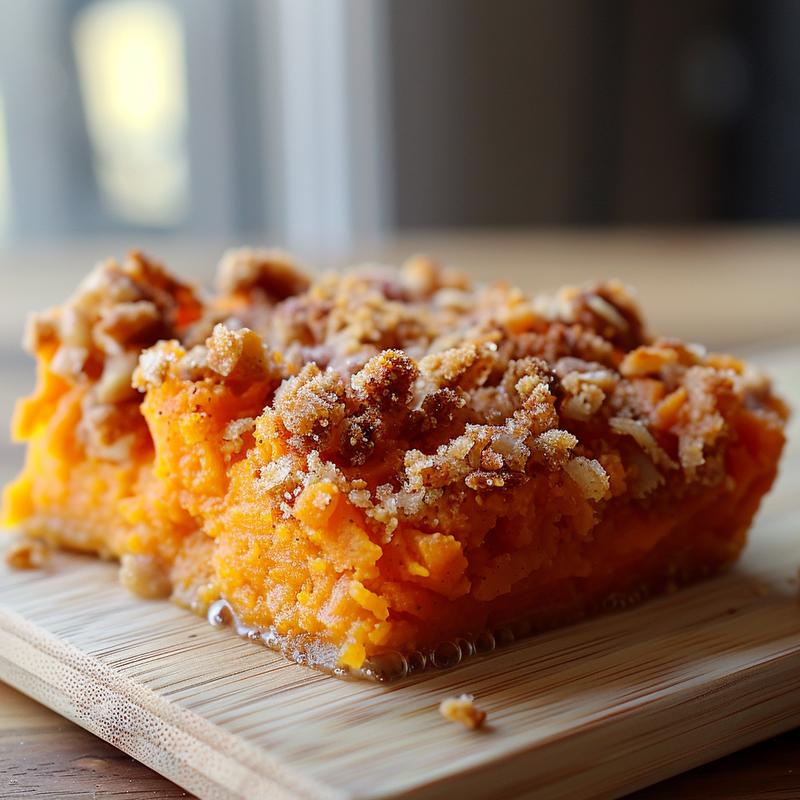 A close-up of a slice of cherry dump cake on a wooden surface, showcasing its texture and layers.