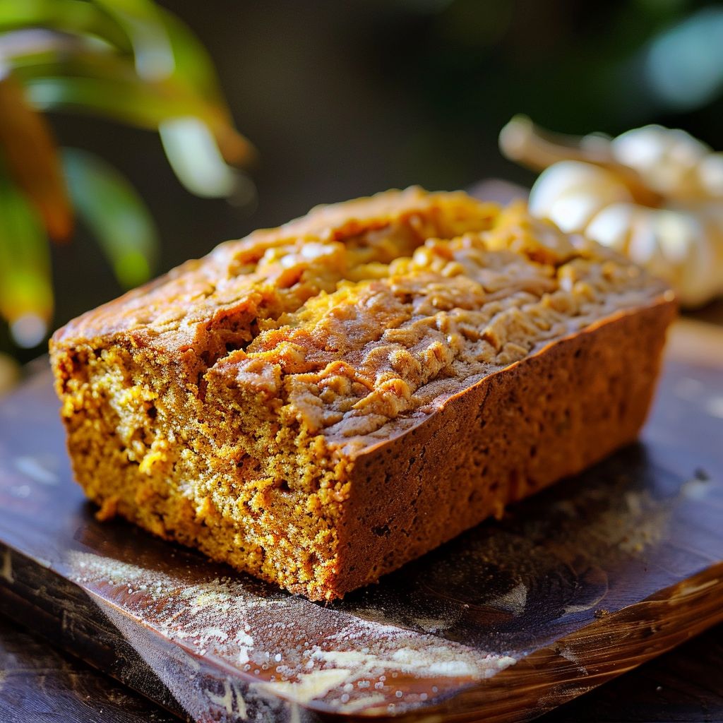 Close-up of moist pumpkin bread topped with brown sugar pecans on a rustic wooden table.