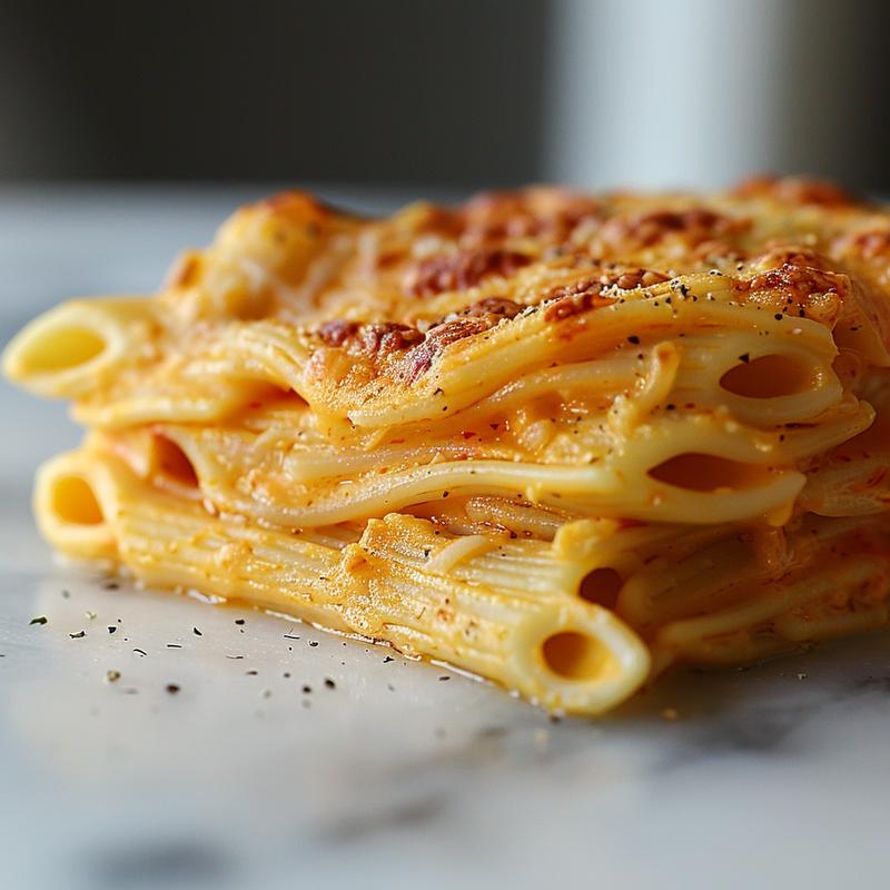 Close-up of cheesy baked penne pasta on a marble surface.