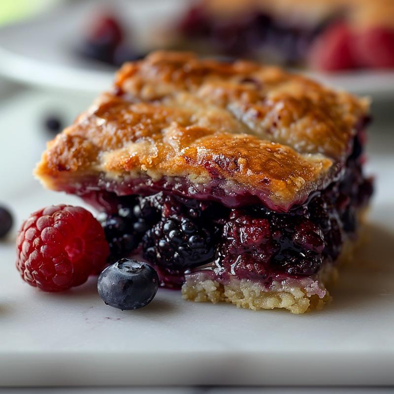 Close-up view of a warm mixed berry cobbler on a white marble surface, showcasing juicy berries and a golden crust.