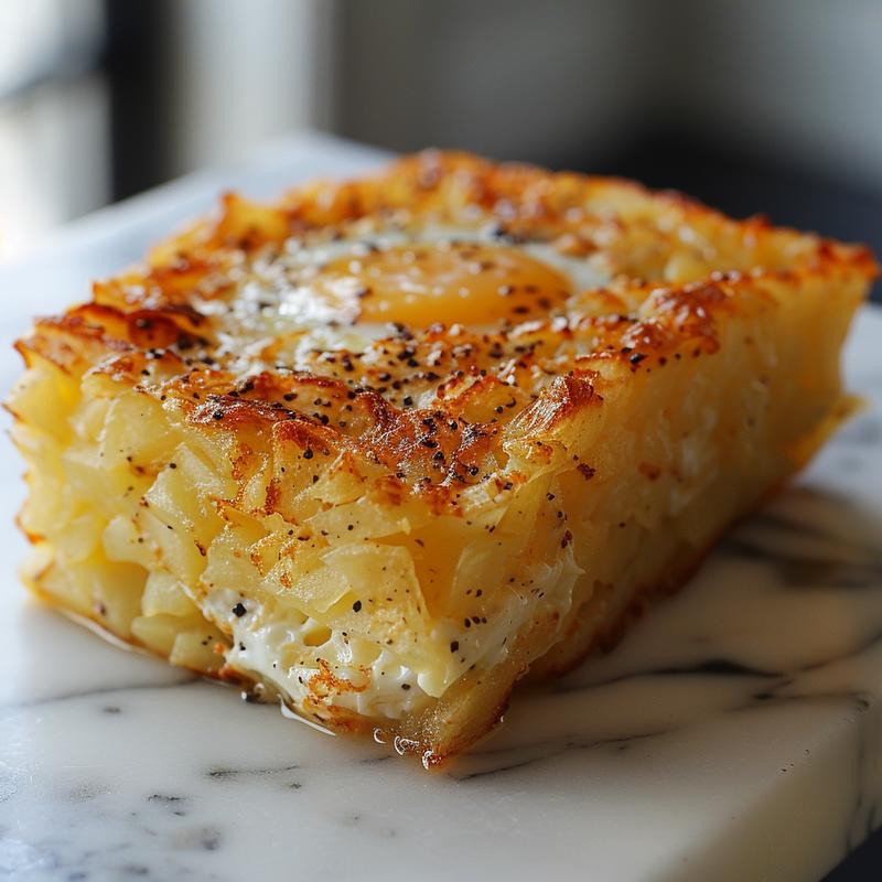 Close-up of a golden, crispy hashbrown egg bake on a white marble surface.
