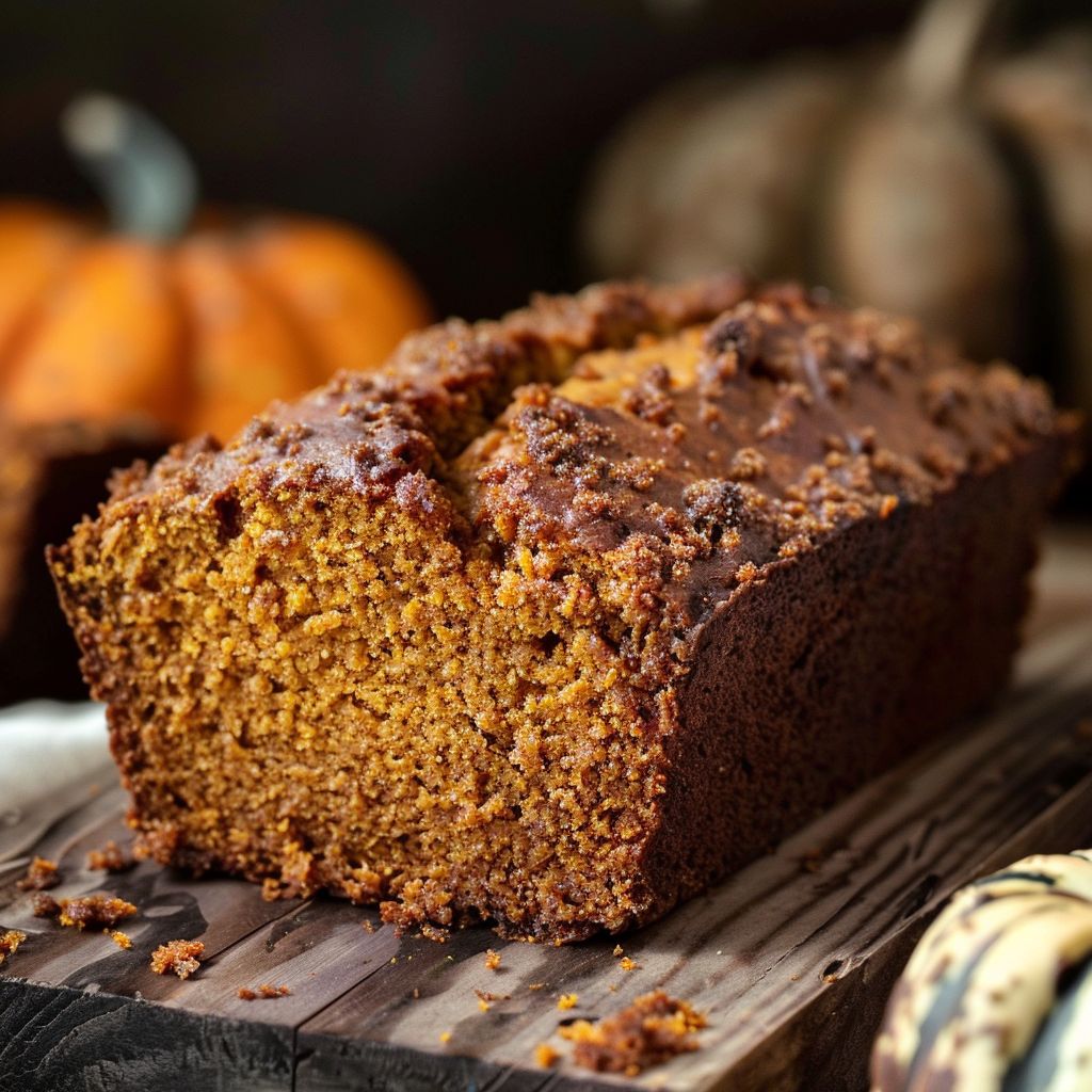 A close-up view of moist pumpkin bread topped with a brown sugar pecan crumble on a wooden cutting board.