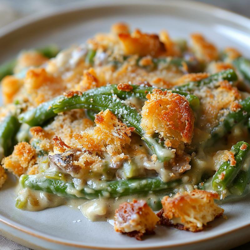 Close-up shot of a homemade green bean casserole on a light grey plate.