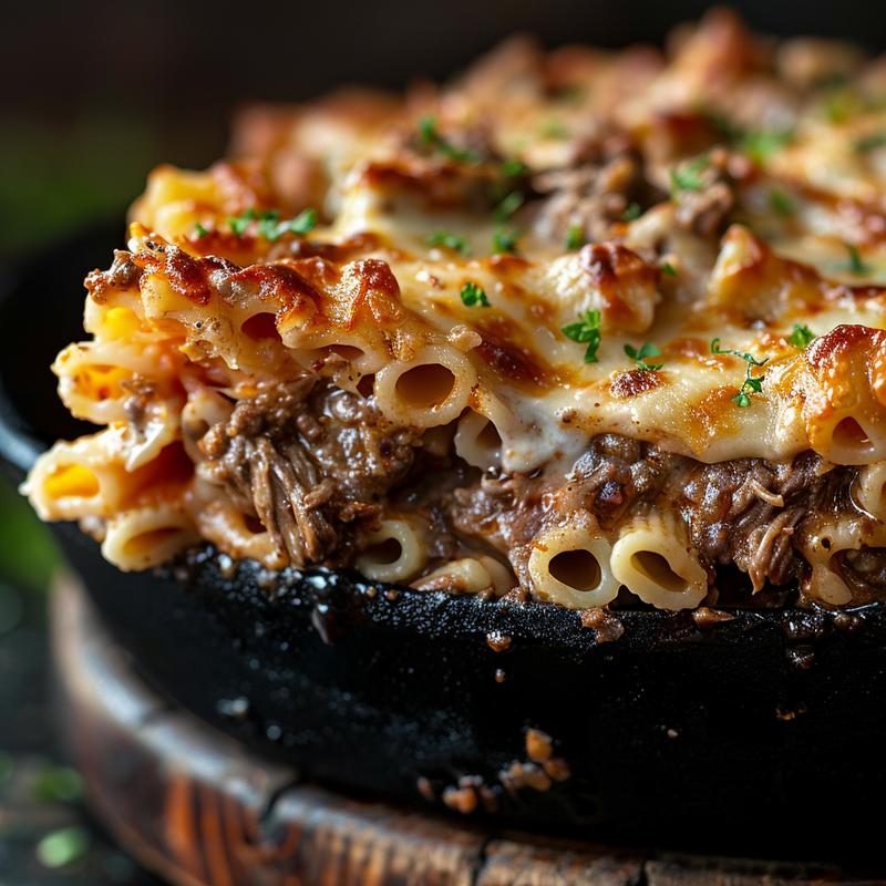 Close-up of a beef and pasta casserole on a cast iron surface, showcasing rich textures and colors.