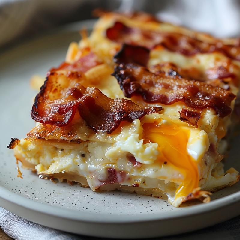 Close-up of a slice of bacon, egg, and cheese bake on a light grey ceramic plate.