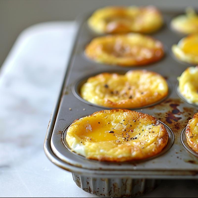 Close-up of oven-baked egg bites in a muffin tin on a white marble surface.