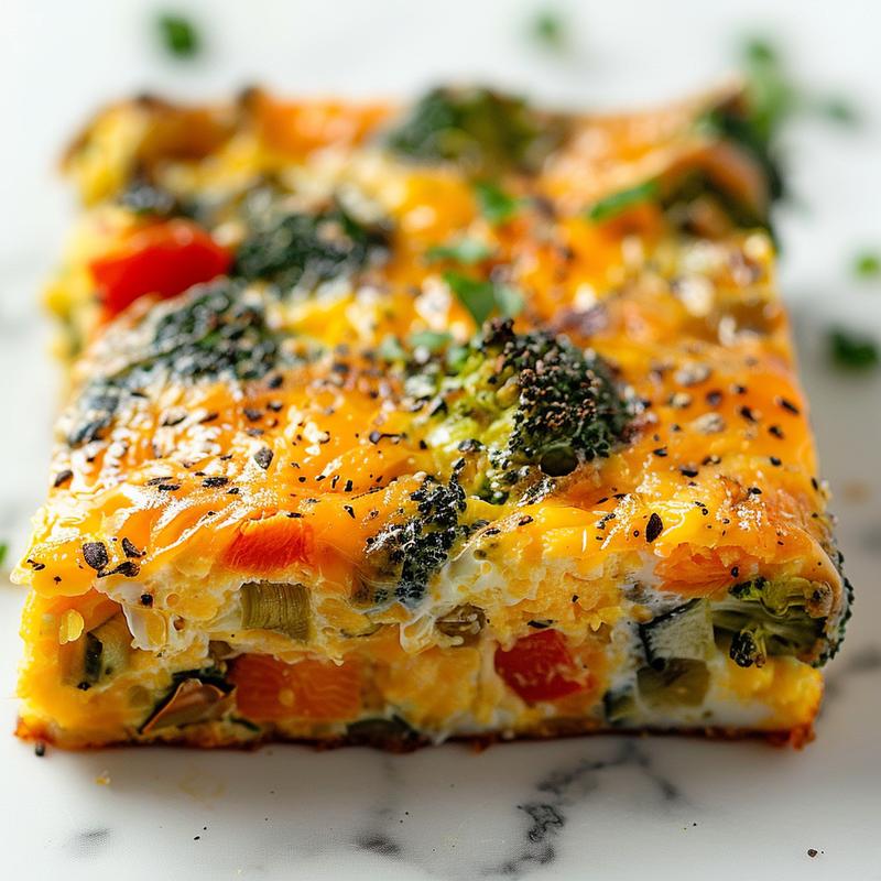 Close-up of a slice of high-protein veggie egg bake on a white marble surface.