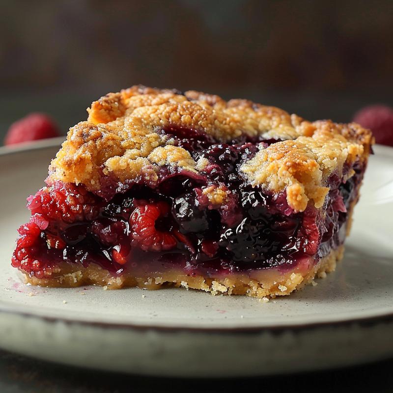 A close-up shot of a berry cobbler on a light grey plate with a golden crust and vibrant berry filling.