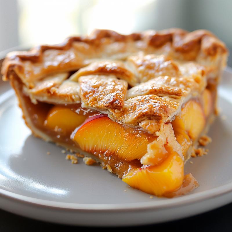 A close-up of a slice of peach cobbler dessert on a light grey ceramic plate, highlighting the golden crust and juicy peach filling.