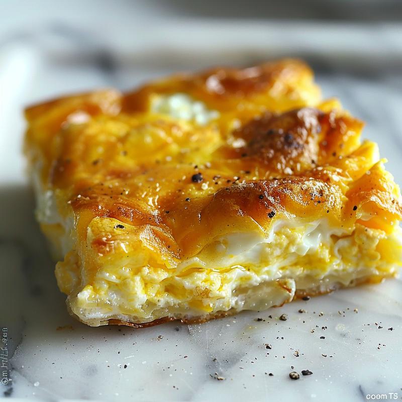 Close-up view of a slice of cottage cheese egg bake casserole with a creamy texture on a marble surface.