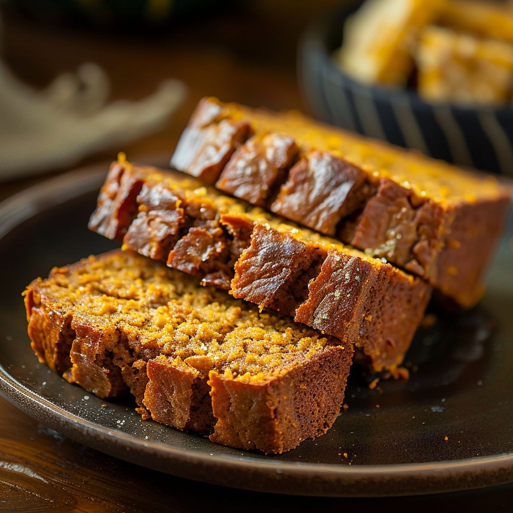 A slice of moist pumpkin bread topped with brown sugar and pecans.
