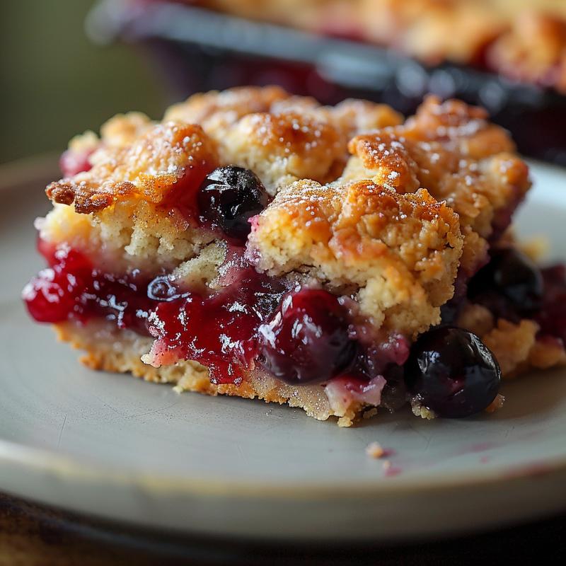 Close-up of a portion of bisquick cobbler on a light grey ceramic plate, showcasing its texture.