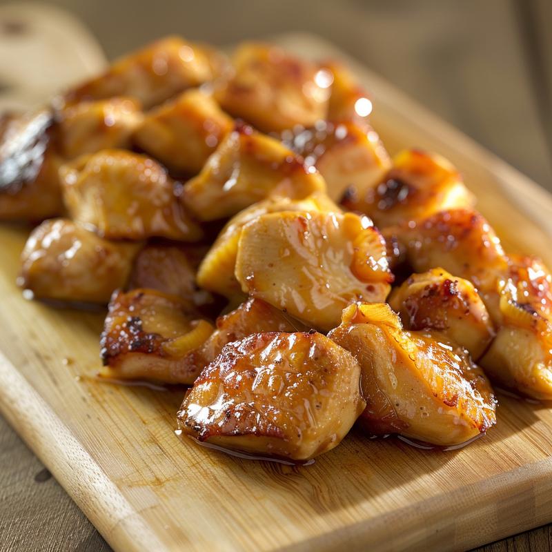 Close-up view of tender Sweet Hawaiian crockpot chicken on a natural wood board.