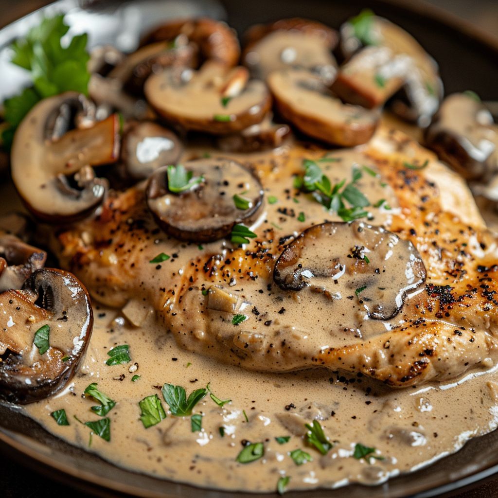 A plate of creamy mushroom chicken garnished with herbs, served with mashed potatoes.