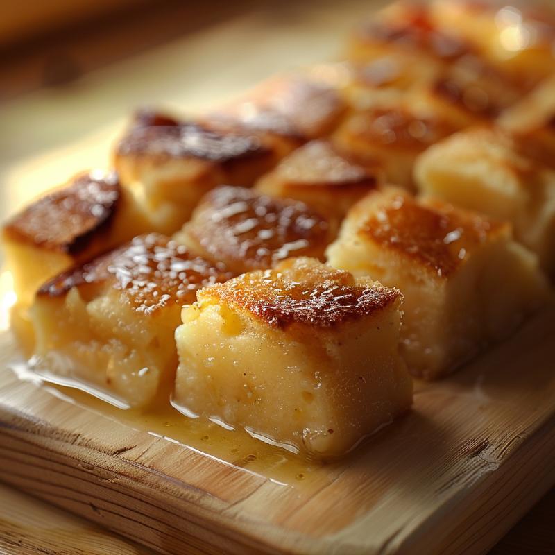 Close-up of a rich and creamy bread pudding on a wooden board.