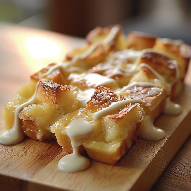 Close-up of a creamy bread pudding topped with smooth vanilla sauce on a light wood board.