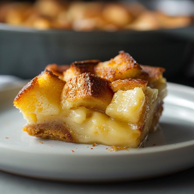 Close-up view of a portion of corn casserole on a light grey ceramic plate, showcasing texture and color.