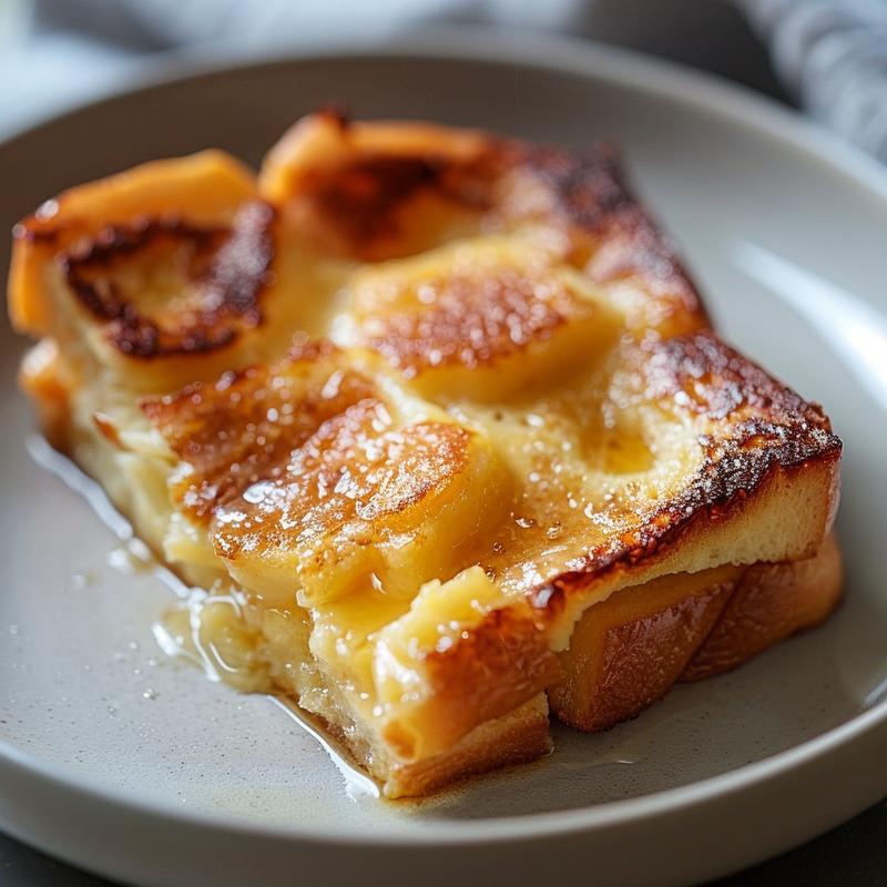 Close-up shot of a serving of baked French toast casserole on a light grey plate, showcasing its texture.