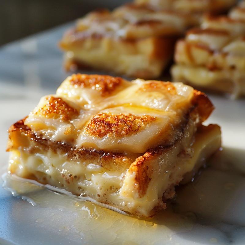 Close-up of a slice of French toast casserole with a golden-brown crust on a white marble surface.