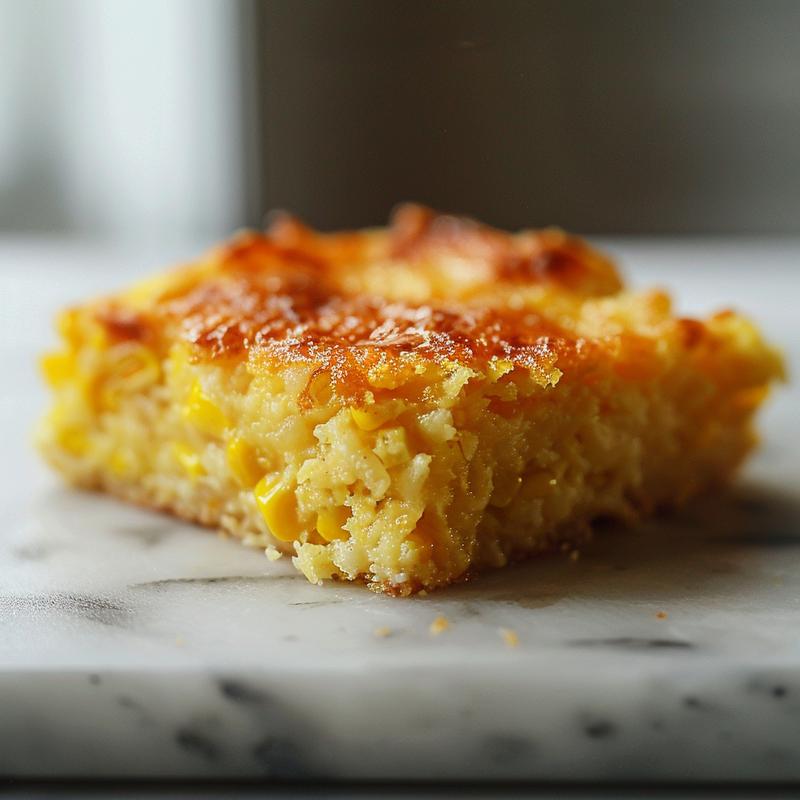 Close-up image of a creamy corn casserole served on a white marble surface.