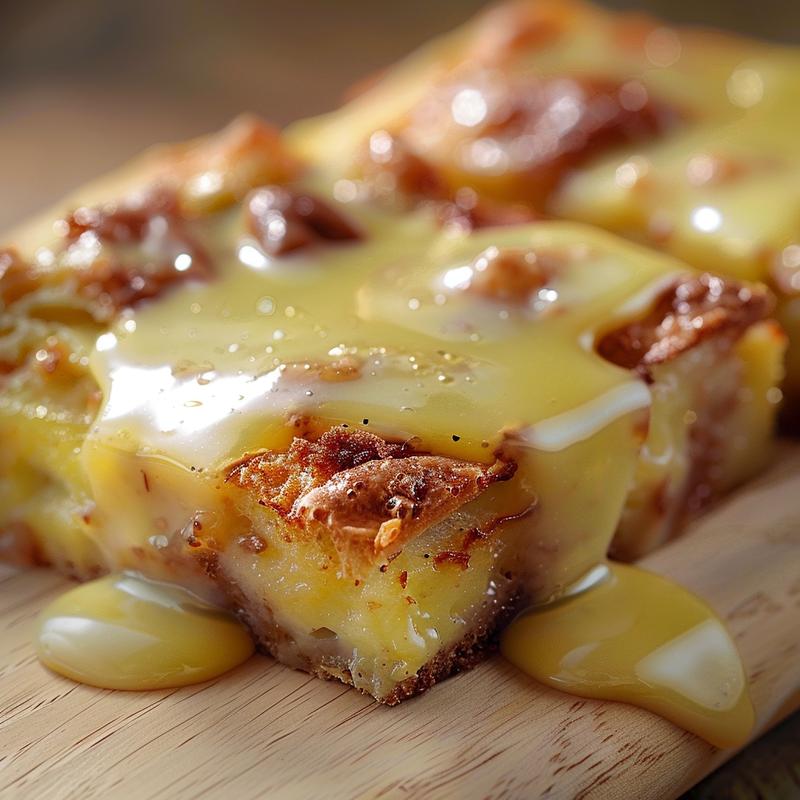 Close-up of warm bread pudding with a creamy vanilla sauce drizzled on top, presented on a light wood board.