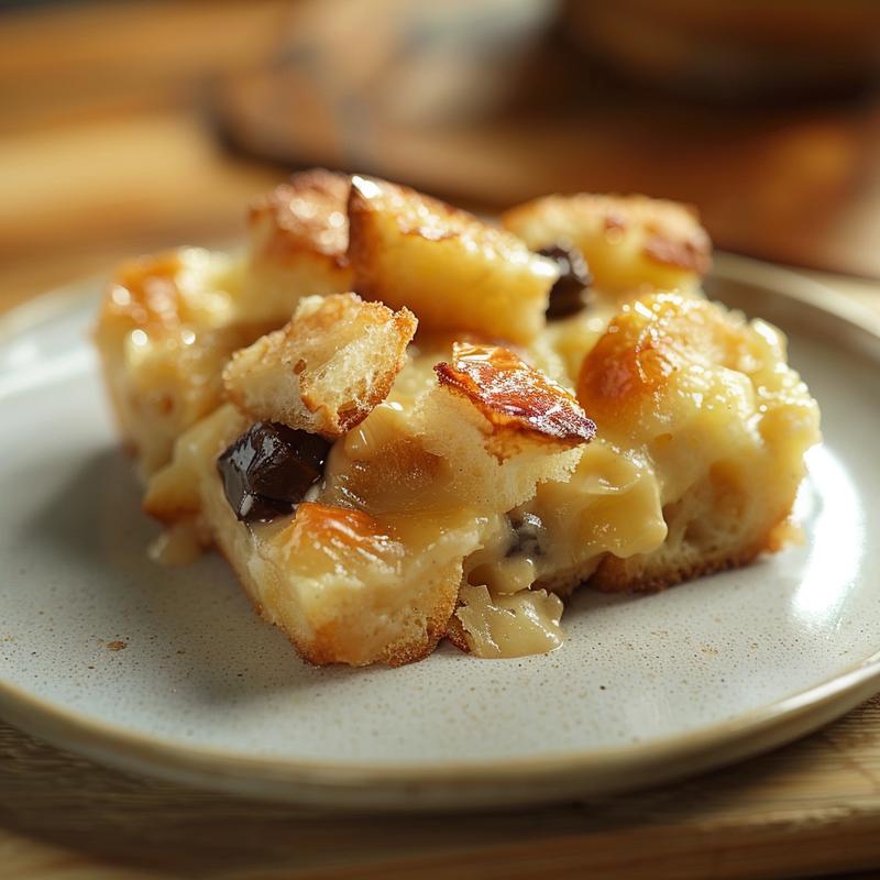 Close-up view of a creamy portion of condensed milk bread pudding on a light grey plate.
