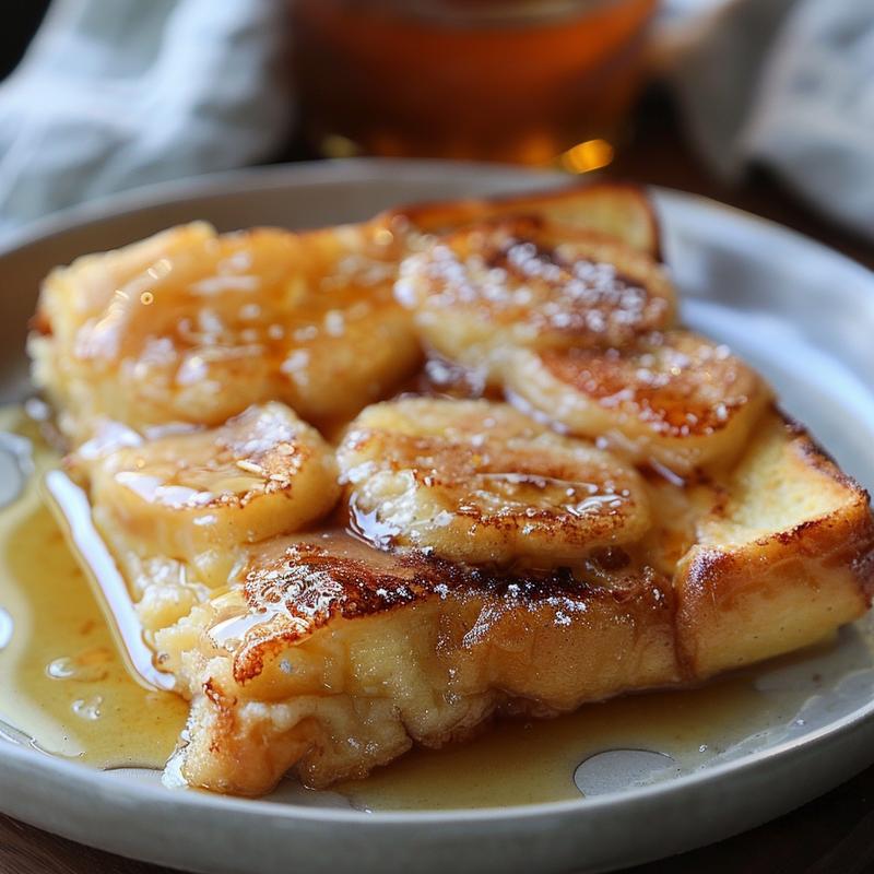 Close-up of a delicious portion of French toast bake on a light grey ceramic plate.