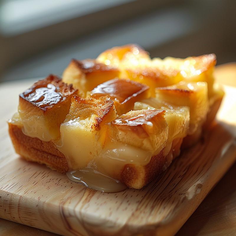 A close-up view of sweetened condensed milk bread pudding on a light wood board, showcasing rich texture and creamy details.