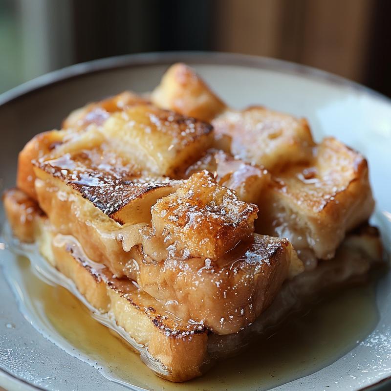 Close-up of a delicious portion of easy French toast bake on a light grey ceramic plate.
