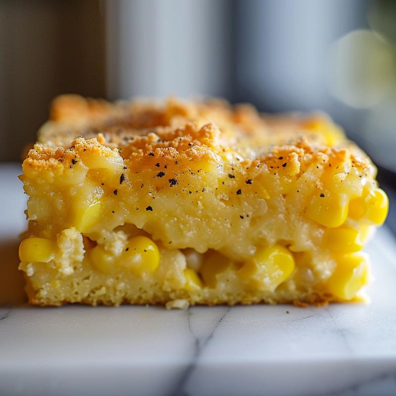 Close-up of a creamy corn casserole dish on a white marble surface, highlighting its texture.