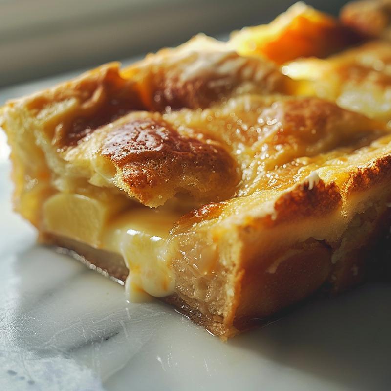 Close-up of a decadent chocolate bread pudding with visible chocolate chunks and a glossy finish on a white marble surface.