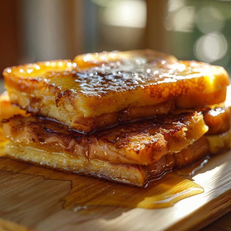 A close-up of a perfectly baked French toast casserole on a light wood board.