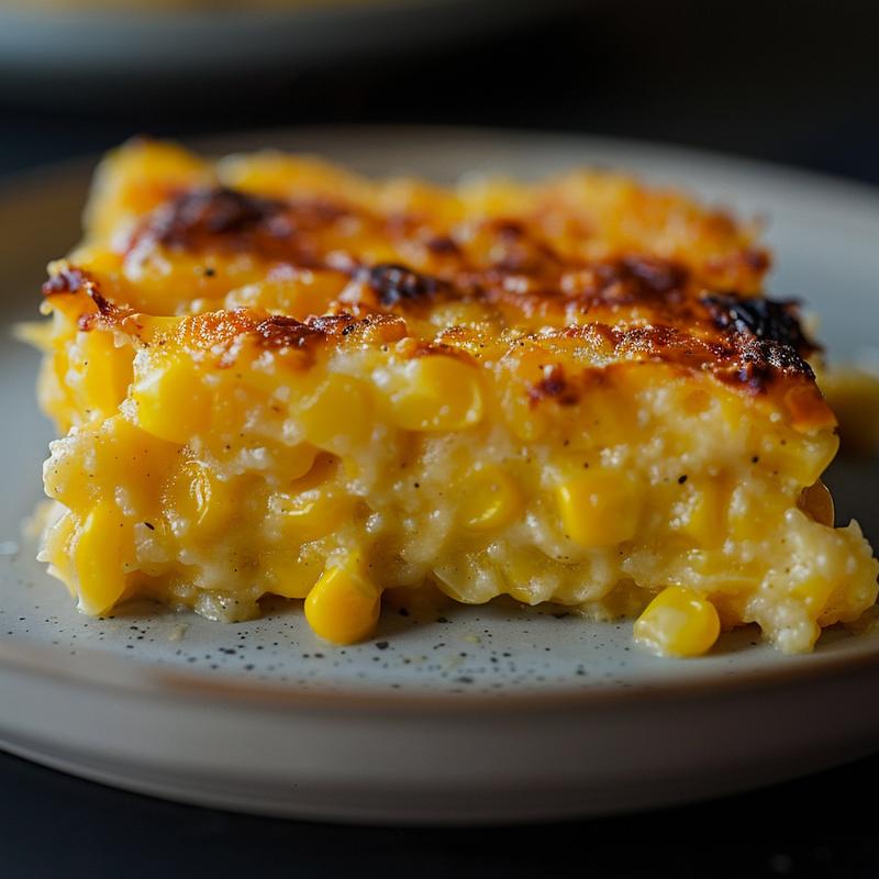 Close-up of creamy corn casserole on a light grey plate.