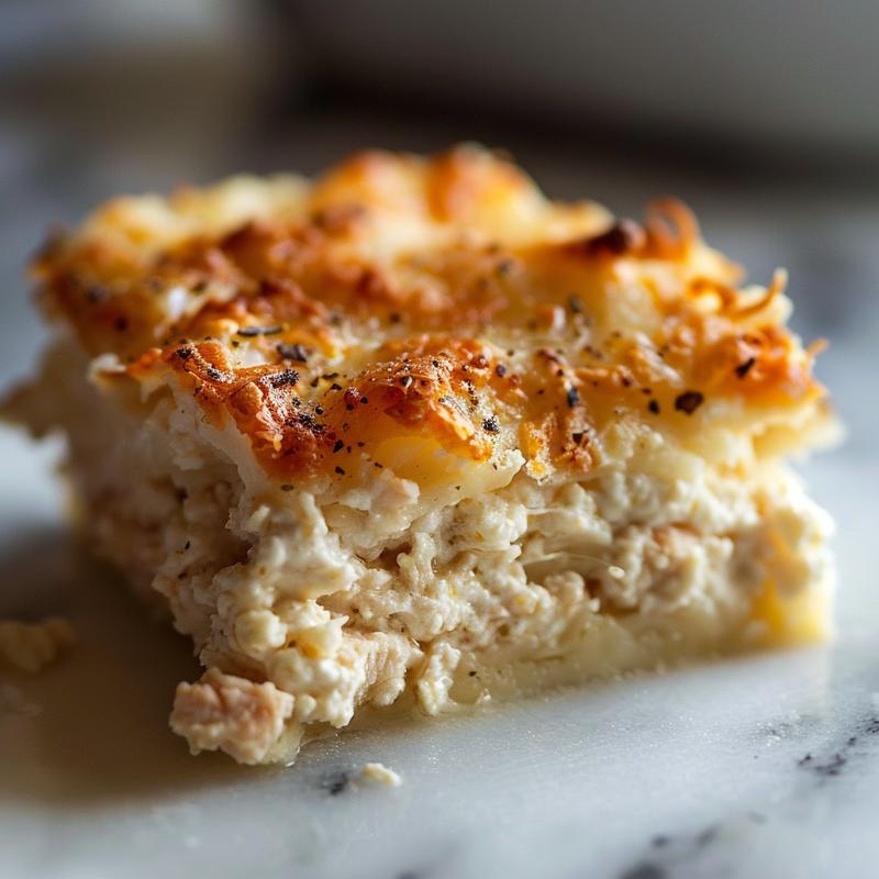 A close-up view of a creamy tuna and cottage cheese casserole on a white marble surface.