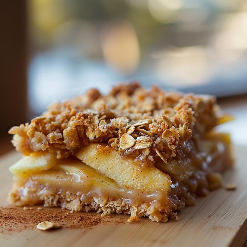 Close-up of a delicious portion of apple crisp topped with oats and cinnamon on a light wood board.