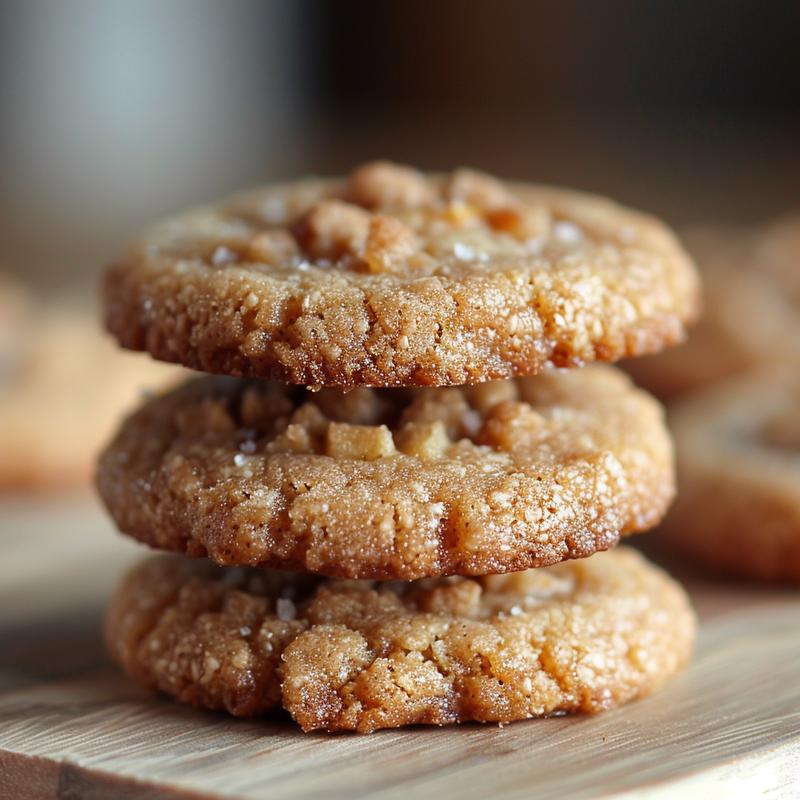 A close-up of three apple crisp cookies stacked on a light wooden board.
